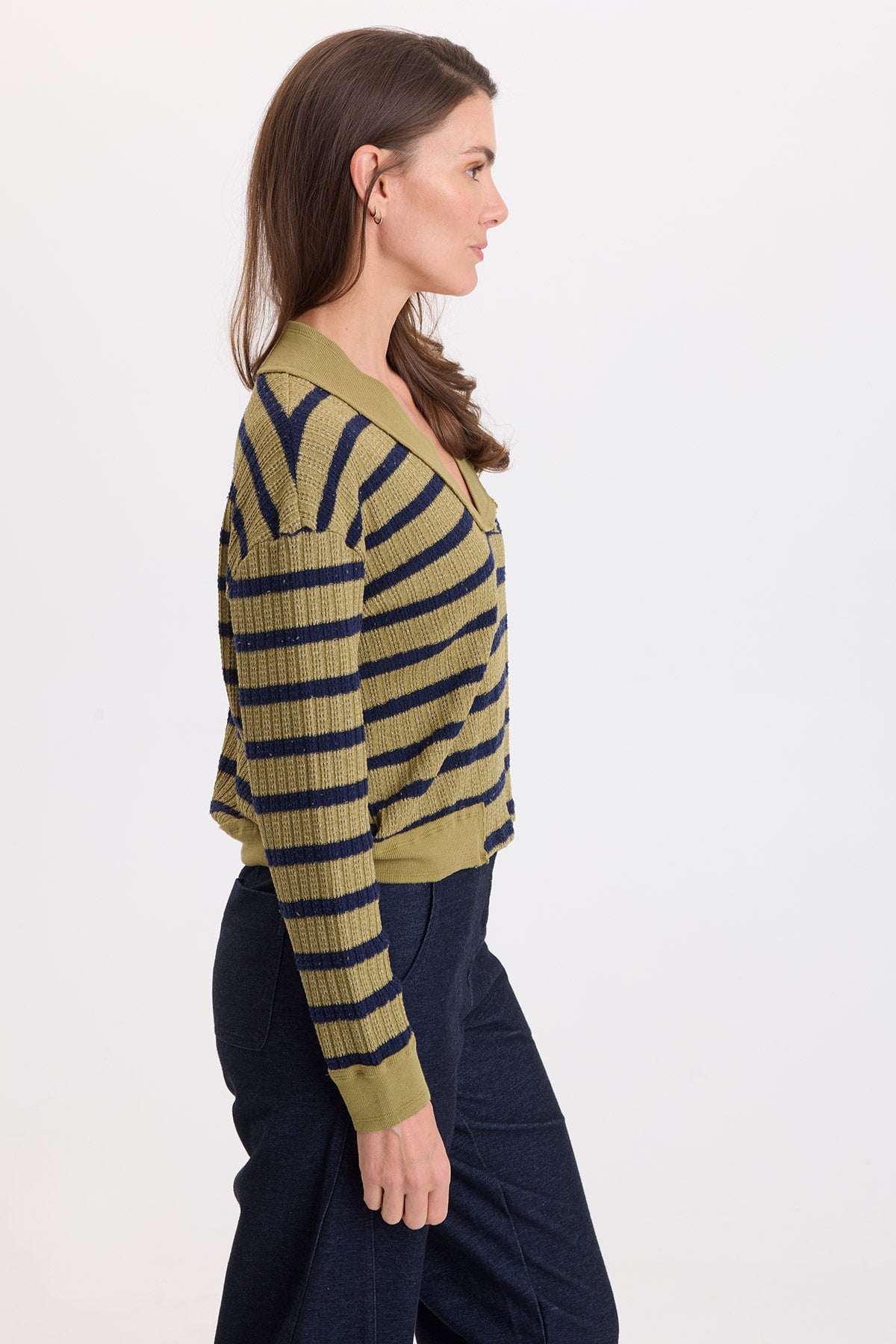 Wearables Fonz Stripe Sweater knit Rib Trim V-Neck Top Artichoke Pigment - XCVI