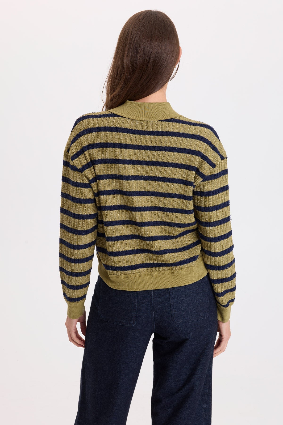 Wearables Fonz Stripe Sweater knit Rib Trim V-Neck Top Artichoke Pigment - XCVI