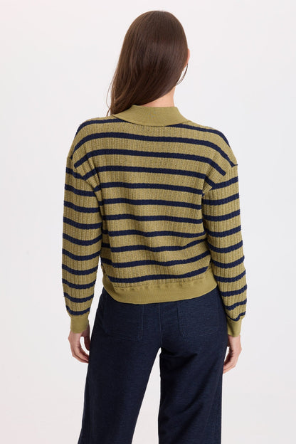 Wearables Fonz Stripe Sweater knit Rib Trim V-Neck Top Artichoke Pigment - XCVI