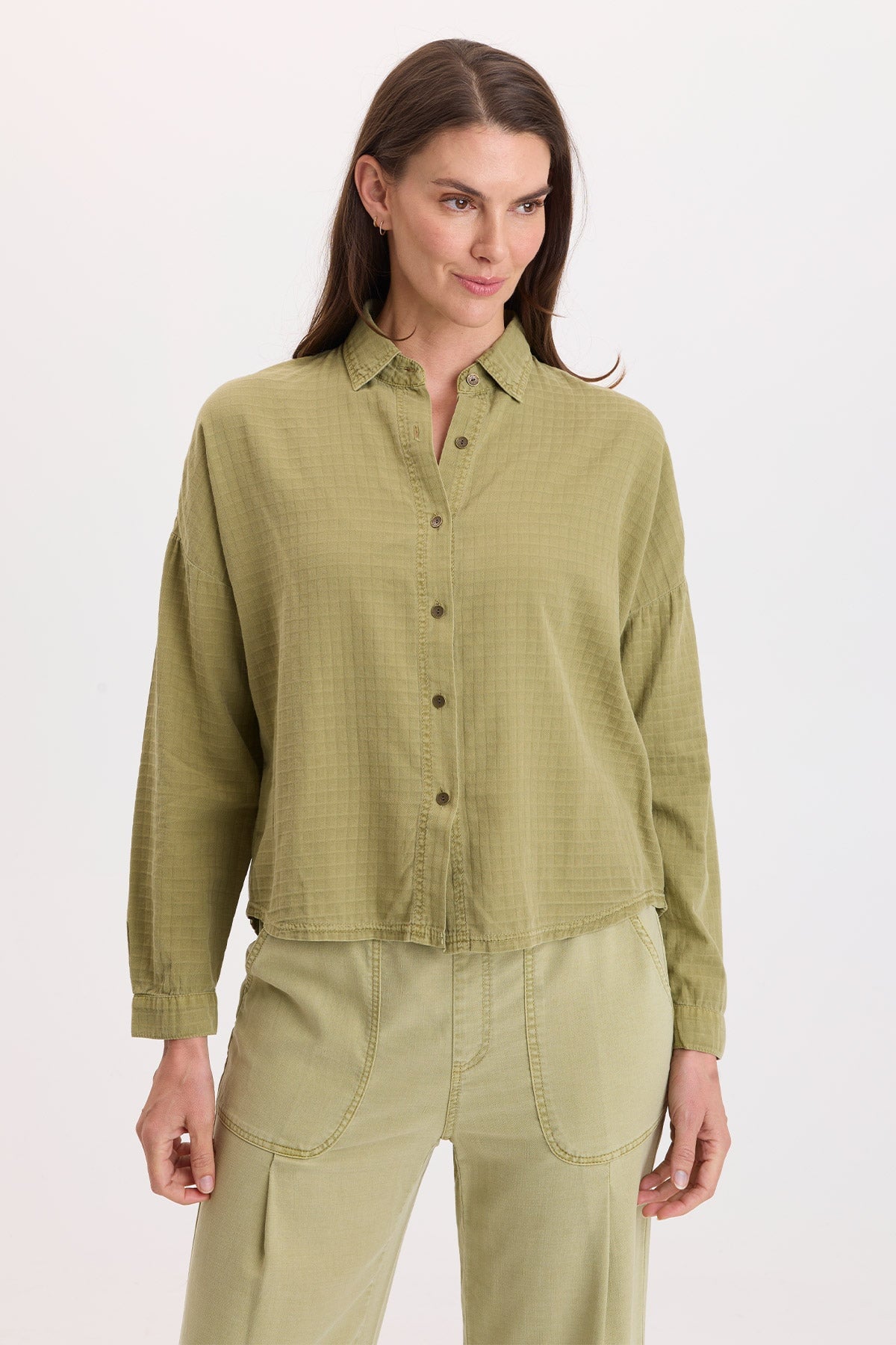 Wearables Becknir Basket Weave Textured Button-Up Top Artichoke Pigment - XCVI