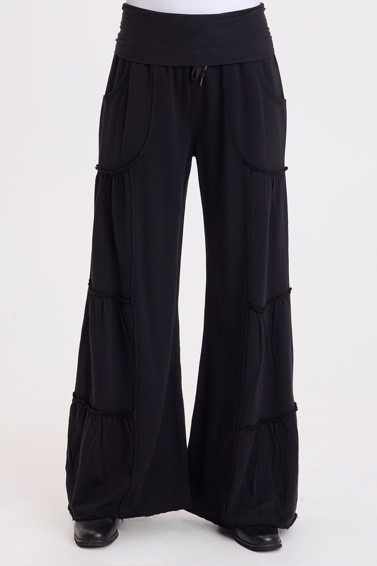 Wearables Carola Side-Tiered Wide-Leg Fleece Pant with Drawstring Waist Black - XCVI
