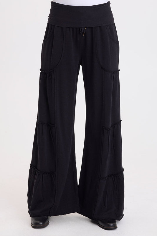 Wearables Carola Side-Tiered Wide-Leg Fleece Pant with Drawstring Waist Black - XCVI