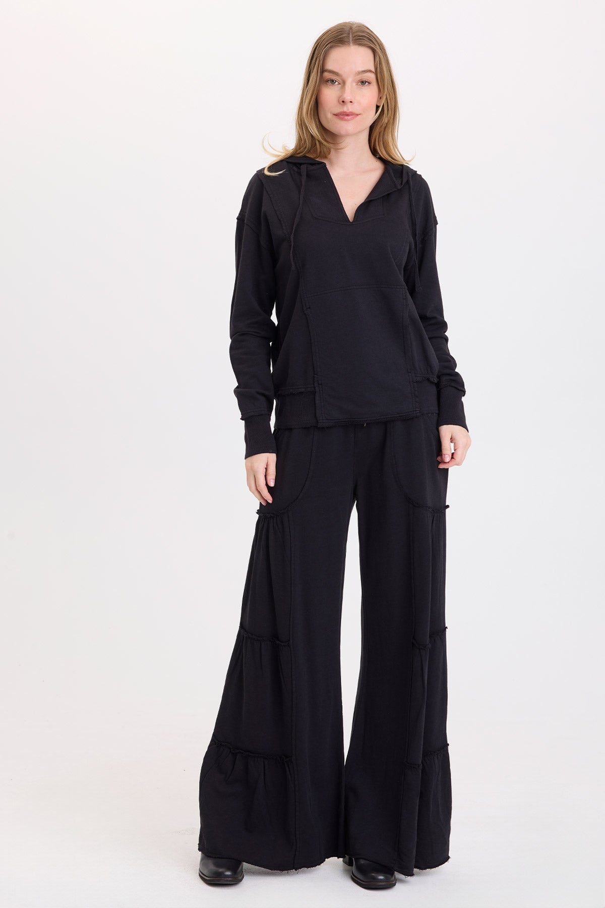 Wearables Carola Side-Tiered Wide-Leg Fleece Pant with Drawstring Waist Black - XCVI