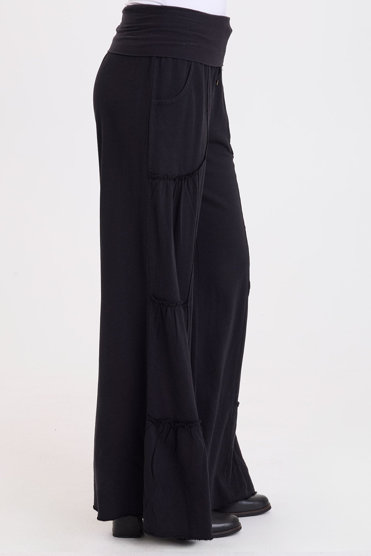 Wearables Carola Side-Tiered Wide-Leg Fleece Pant with Drawstring Waist Black - XCVI