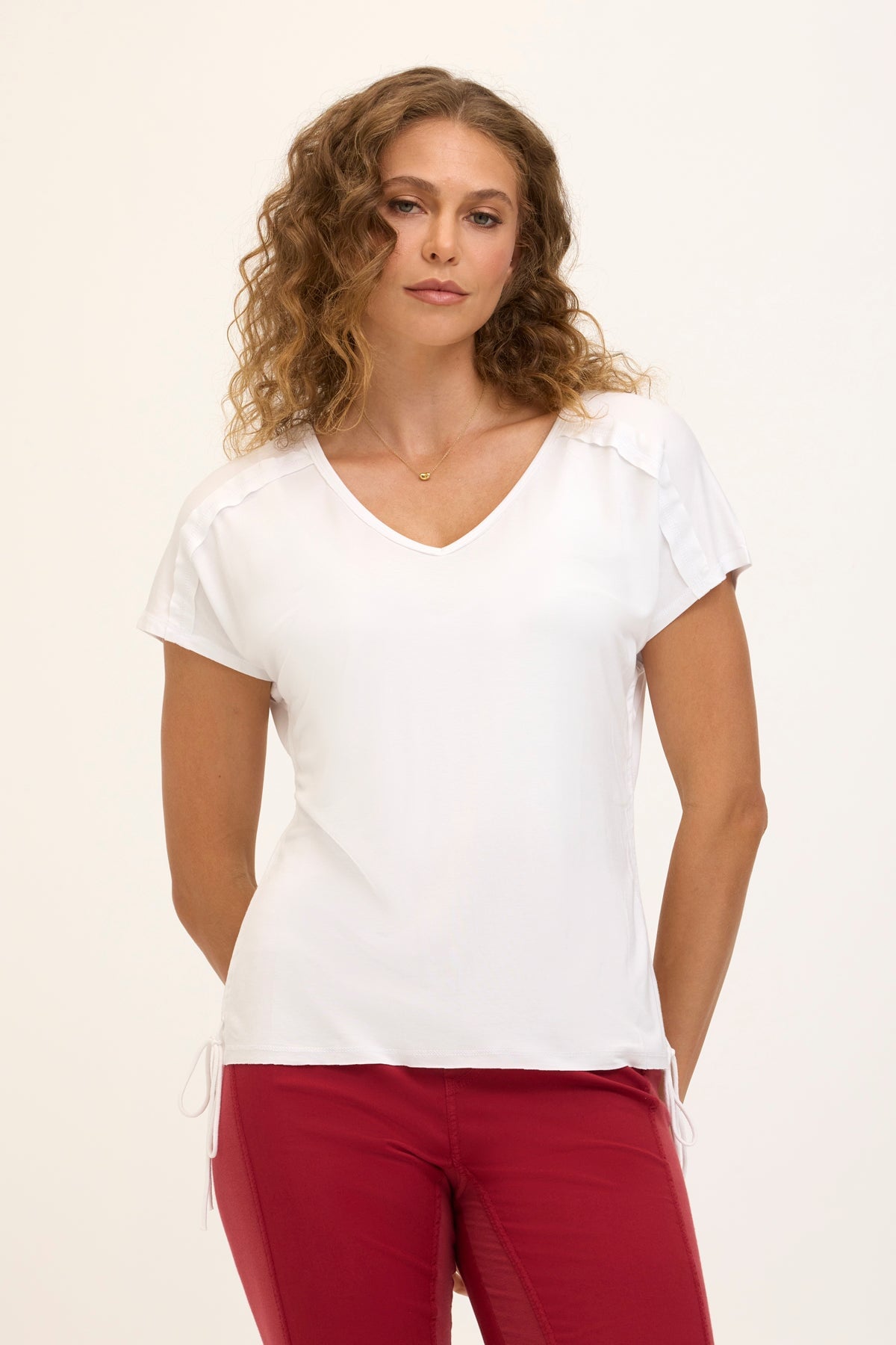 Wearables Core Diggory Soft Jersey Cinchable Side Cord V-Neck Tee White - XCVI