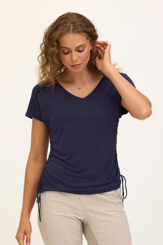 Wearables Core Diggory Soft Jersey Cinchable Side Cord V-Neck Tee Navy - XCVI