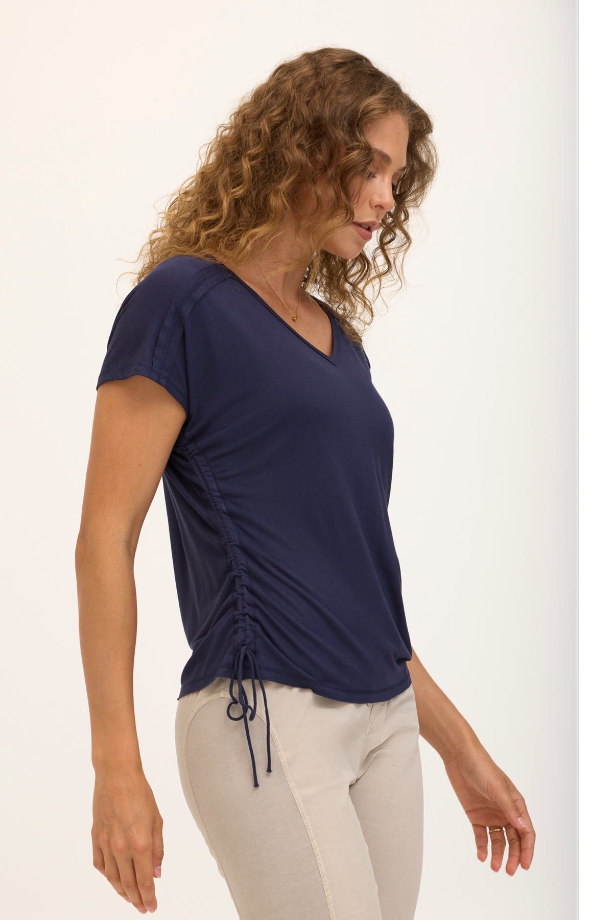 Wearables Core Diggory Soft Jersey Cinchable Side Cord V-Neck Tee Navy - XCVI