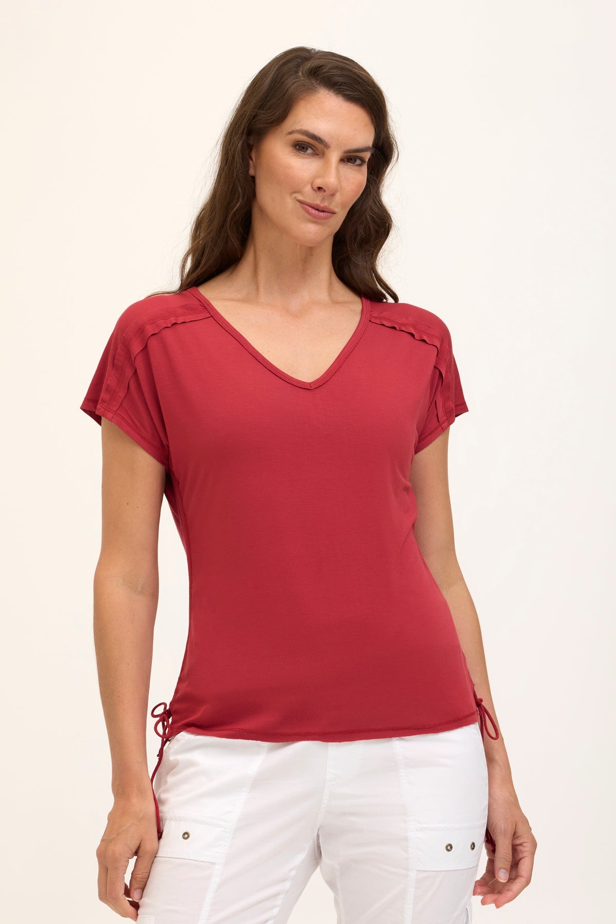 Wearables Core Diggory Soft Jersey Cinchable Side Cord V-Neck Tee Crimson - XCVI