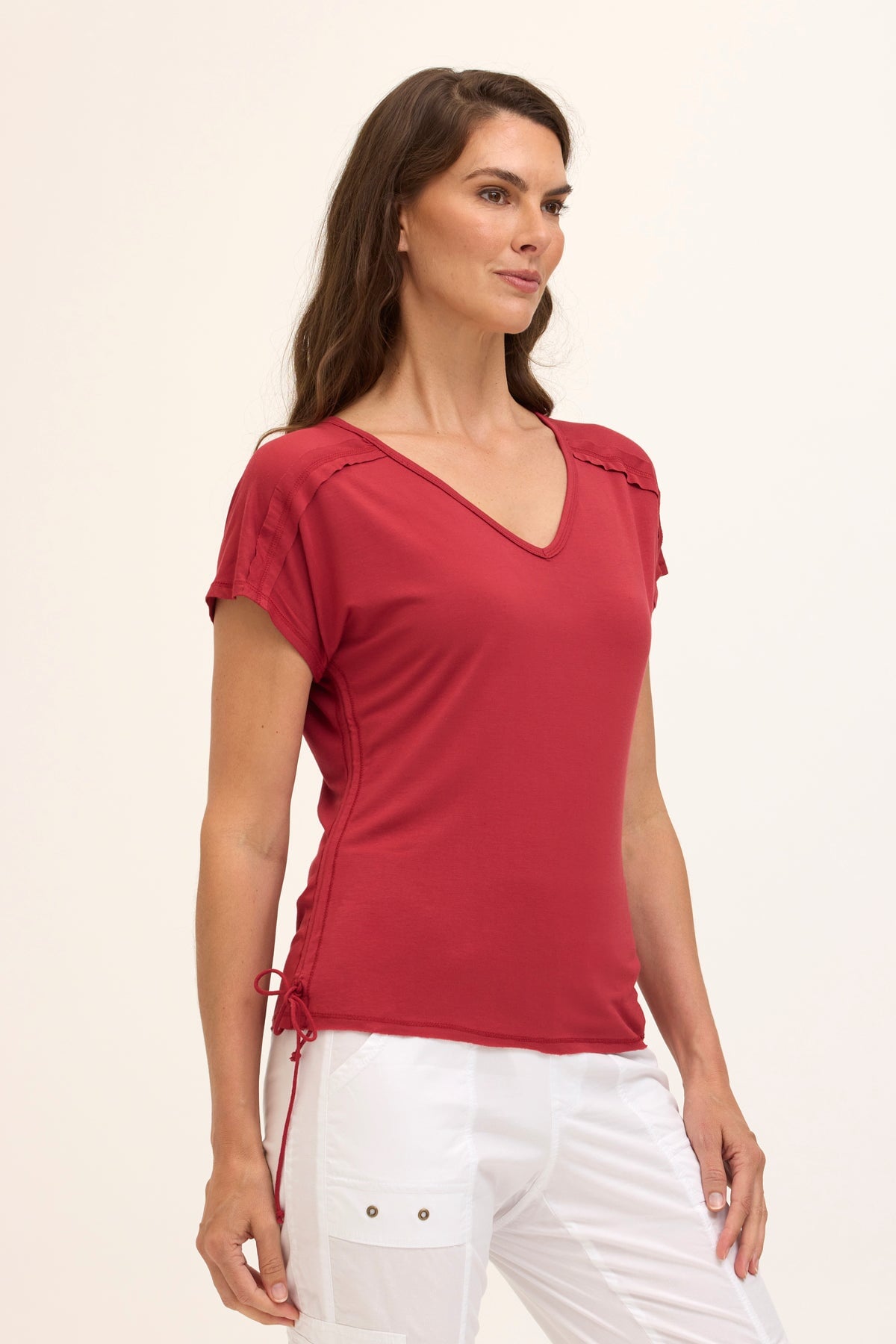 Wearables Core Diggory Soft Jersey Cinchable Side Cord V-Neck Tee Crimson - XCVI