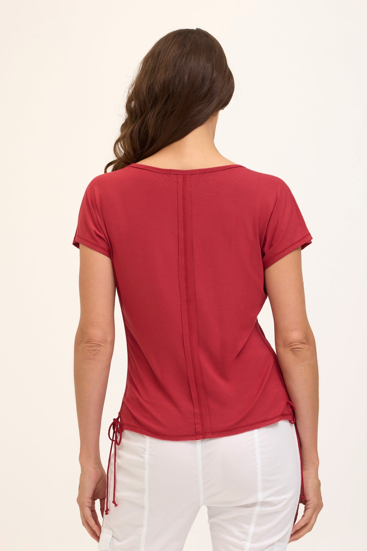 Wearables Core Diggory Soft Jersey Cinchable Side Cord V-Neck Tee Crimson - XCVI