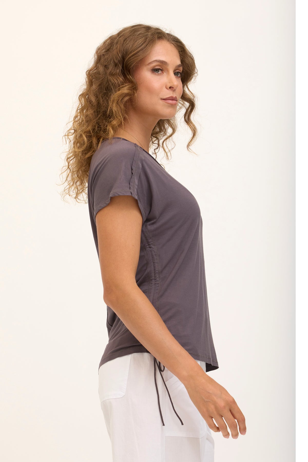Wearables Core Diggory Soft Jersey Cinchable Side Cord V-Neck Tee Charcoal - XCVI
