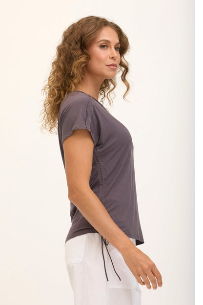 Wearables Core Diggory Soft Jersey Cinchable Side Cord V-Neck Tee Charcoal - XCVI