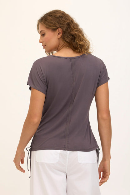 Wearables Core Diggory Soft Jersey Cinchable Side Cord V-Neck Tee Charcoal - XCVI