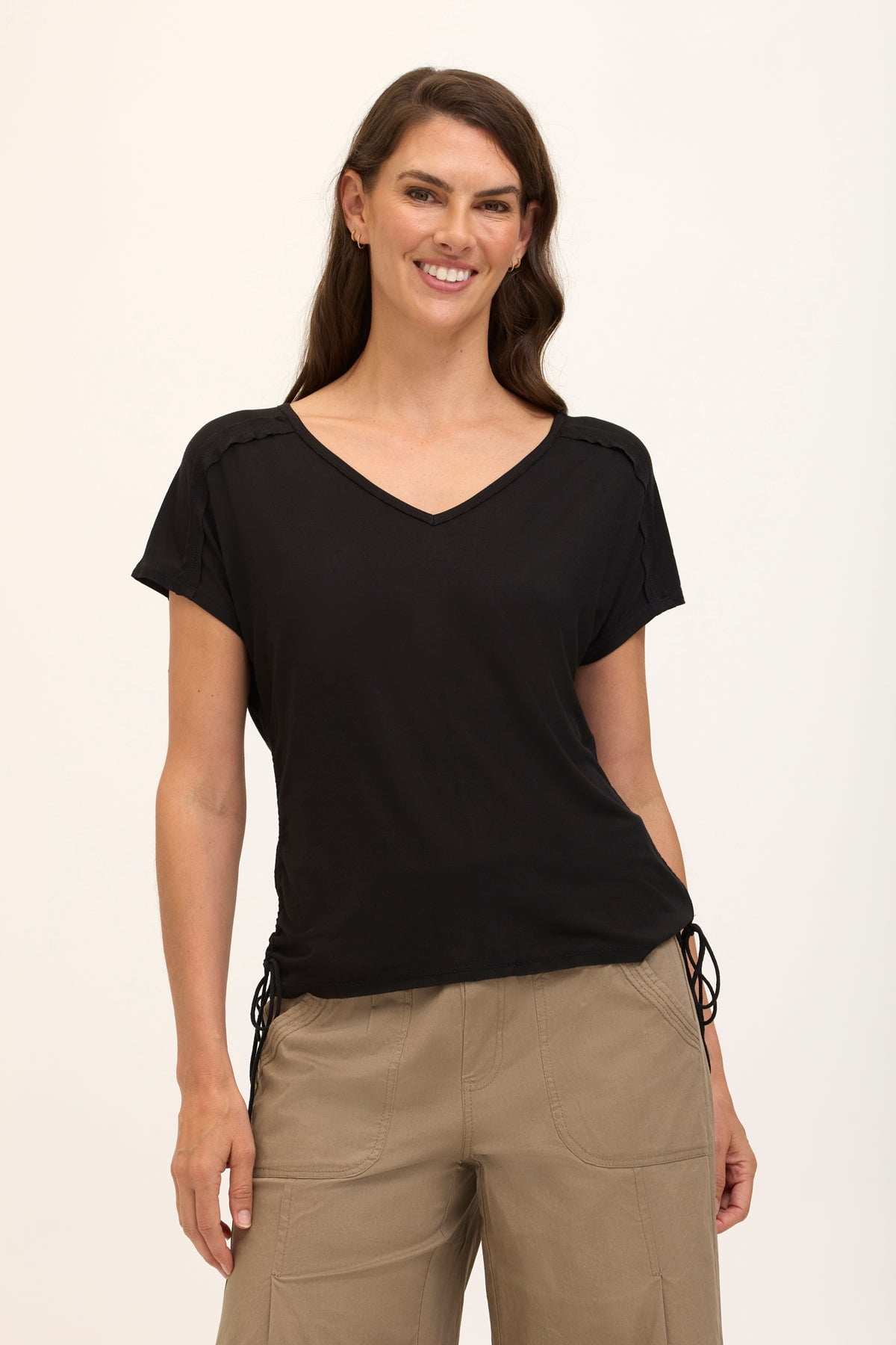 Wearables Core Diggory Soft Jersey Cinchable Side Cord V-Neck Tee Black - XCVI