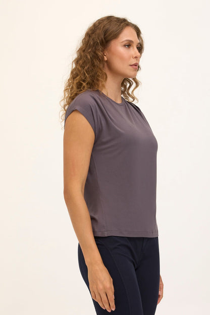 Wearables Core Arwen Soft Jersey Mock Neck Cap Sleeve Top Charcoal - XCVI