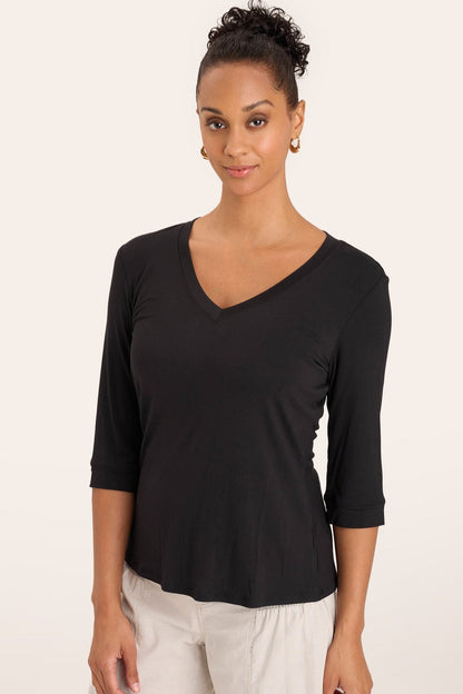 Wearables Principle 3/4-Sleeve V-Neck Soft Jersey Tee with maximum stretch and back seam detail in Black  - XCVI