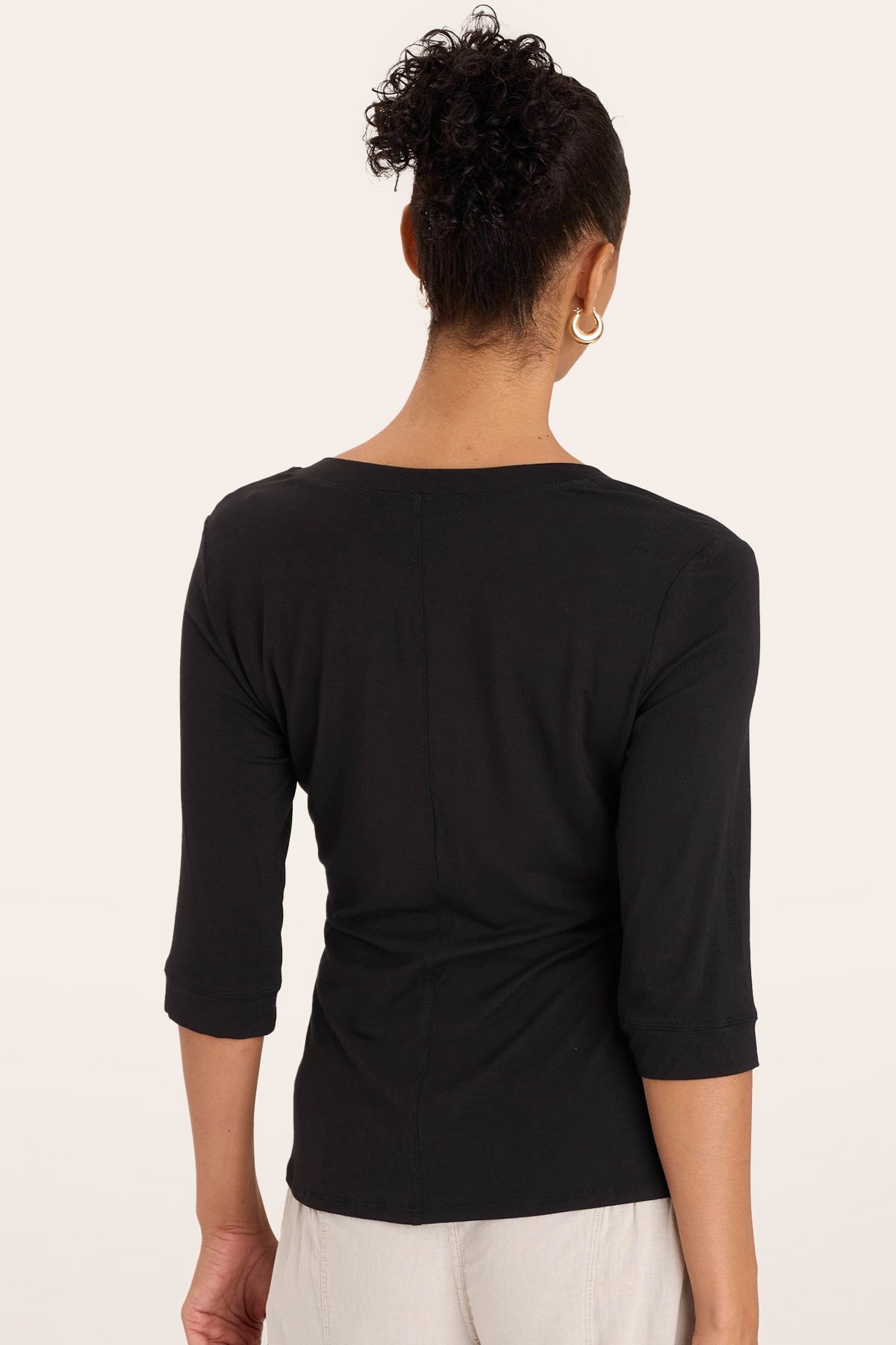 Wearables Principle 3/4-Sleeve V-Neck Soft Jersey Tee with maximum stretch and back seam detail in Black  - XCVI