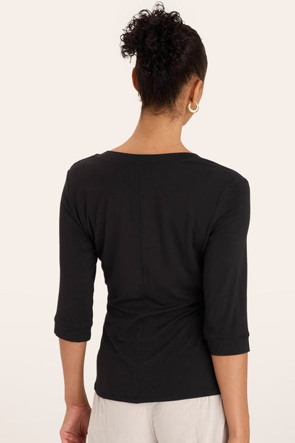Wearables Principle 3/4-Sleeve V-Neck Soft Jersey Tee with maximum stretch and back seam detail in Black  - XCVI