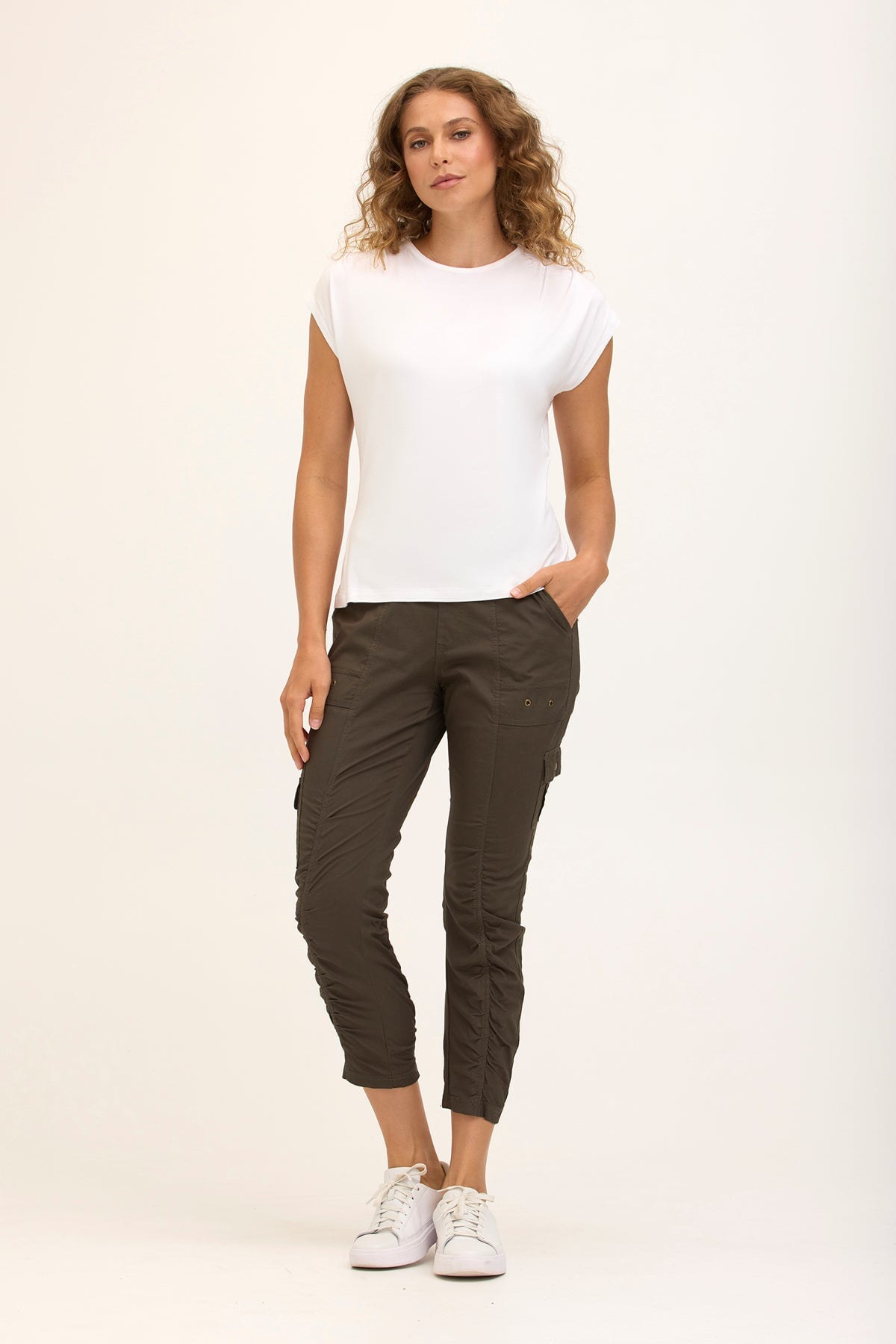 Wearables Tilton Stretch Poplin Ruched Crop Skinny Pant Olive - XCVI