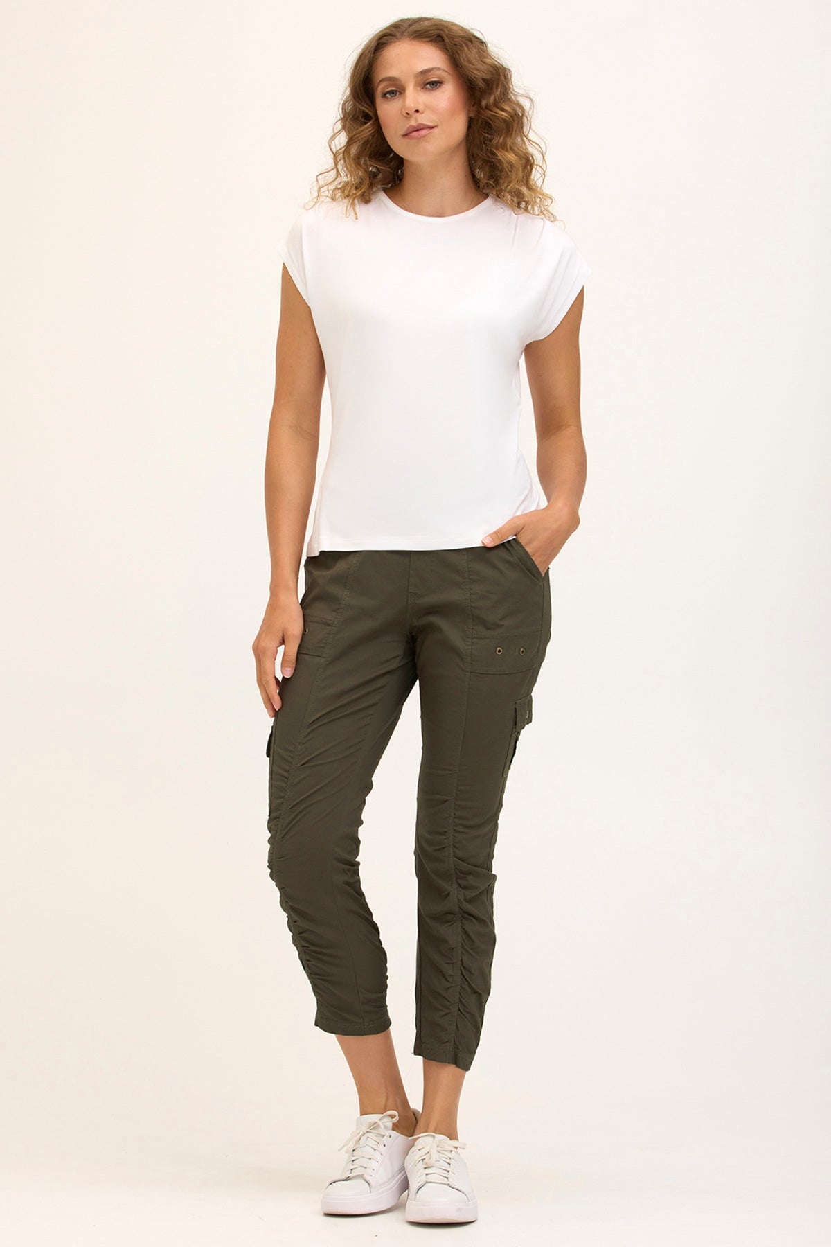 Wearables Tilton Stretch Poplin Ruched Crop Skinny Pant Olive - XCVI