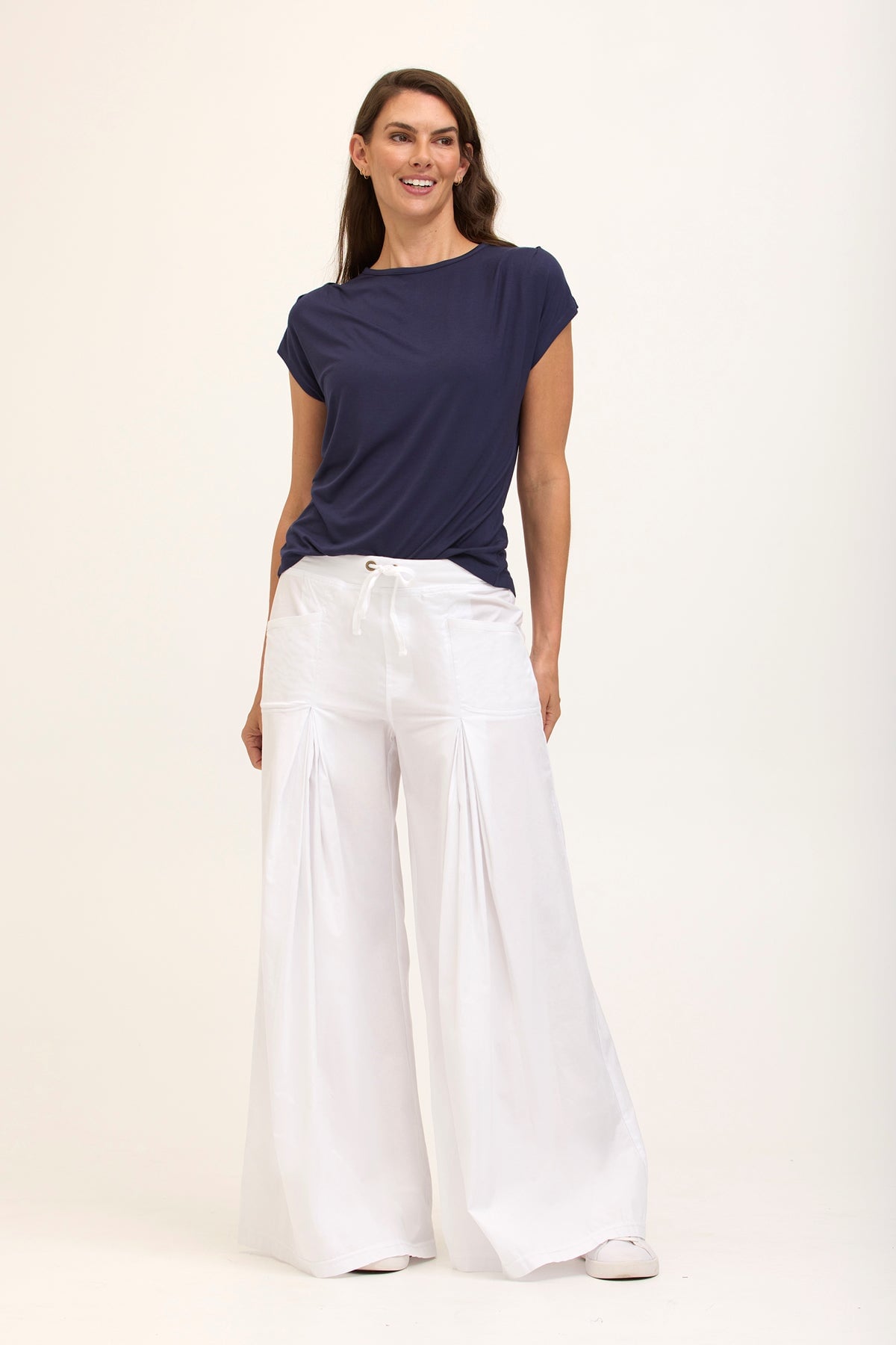 Wearables Core Zorba Stretch Poplin Box-Pleat Wide-Leg Pant White - XCVI