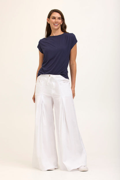 Wearables Core Zorba Stretch Poplin Box-Pleat Wide-Leg Pant White - XCVI