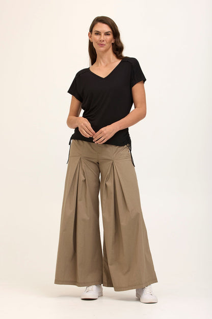 Wearables Core Zorba Stretch Poplin Box-Pleat Wide-Leg Pant Truffle - XCVI
