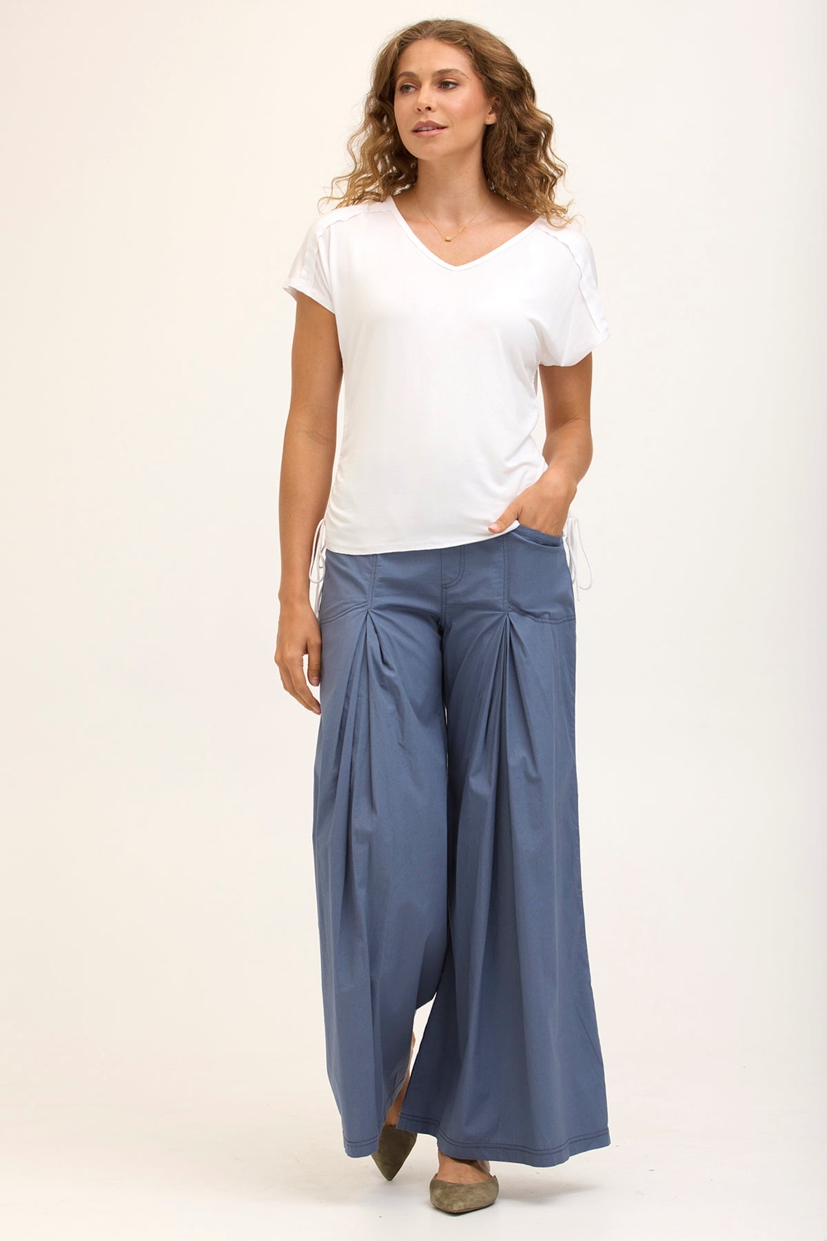 Wearables Core Zorba Stretch Poplin Box-Pleat Wide-Leg Pant Tidal - XCVI