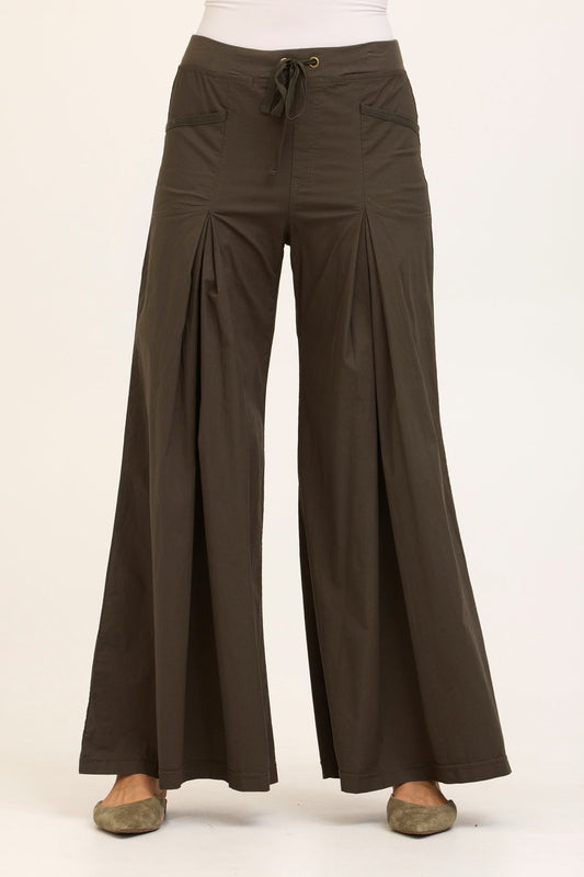 Wearables Core Zorba Stretch Poplin Box-Pleat Wide-Leg Pant Olive - XCVI