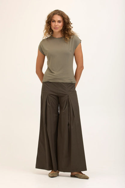 Wearables Core Zorba Stretch Poplin Box-Pleat Wide-Leg Pant Olive - XCVI