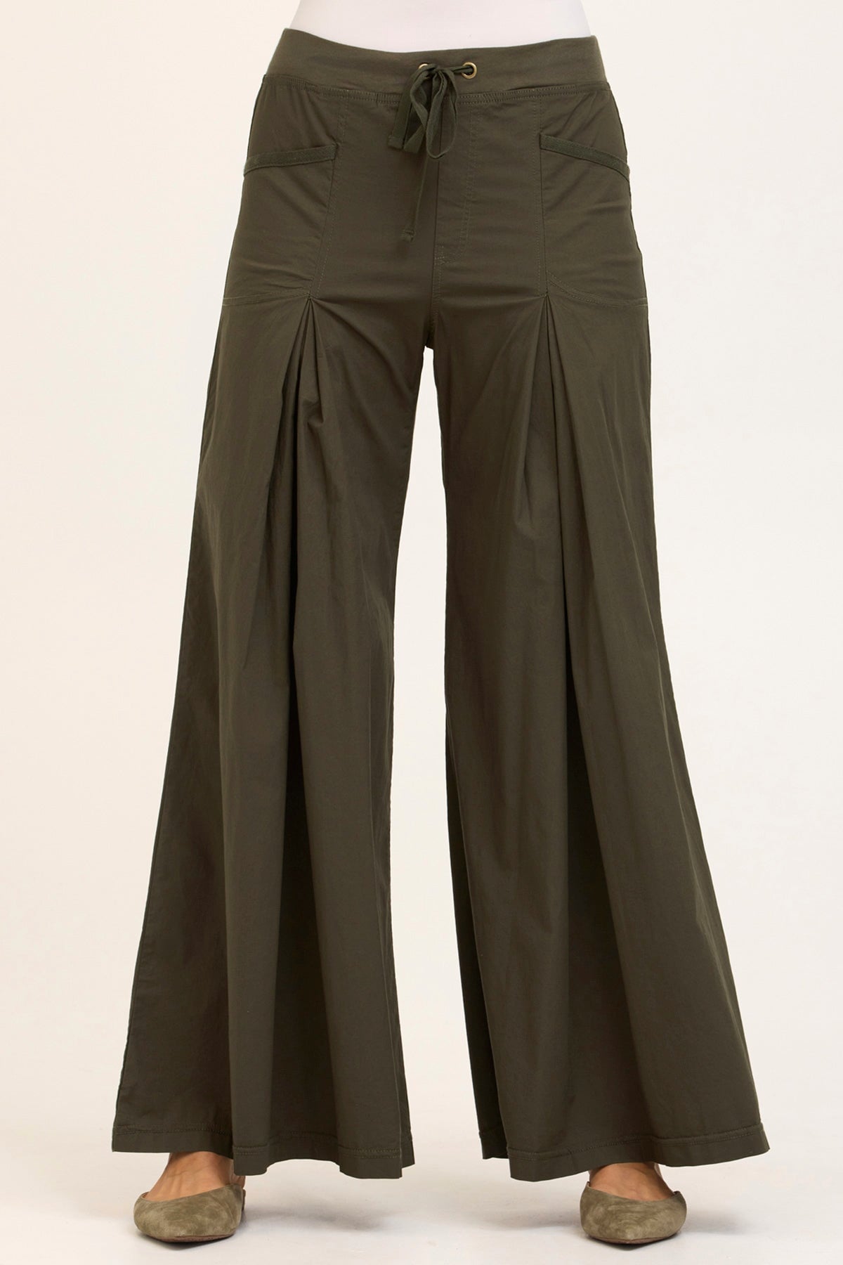 Wearables Core Zorba Stretch Poplin Box-Pleat Wide-Leg Pant Olive - XCVI