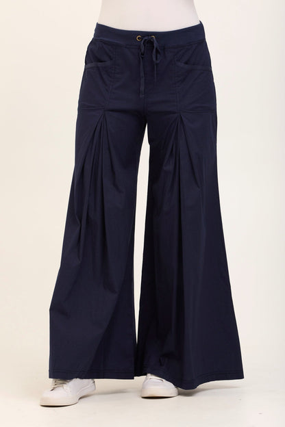 Wearables Core Zorba Stretch Poplin Box-Pleat Wide-Leg Pant Navy - XCVI
