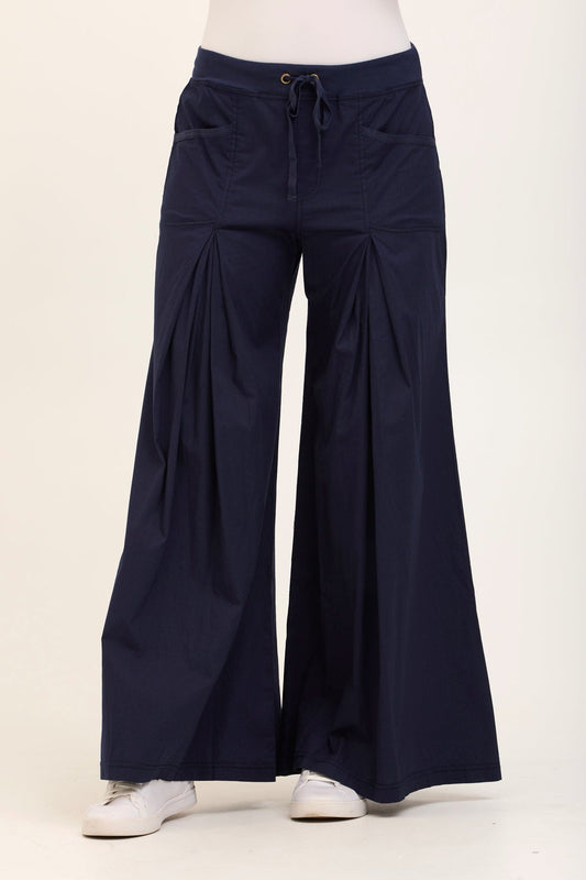 Wearables Core Zorba Stretch Poplin Box-Pleat Wide-Leg Pant Navy - XCVI