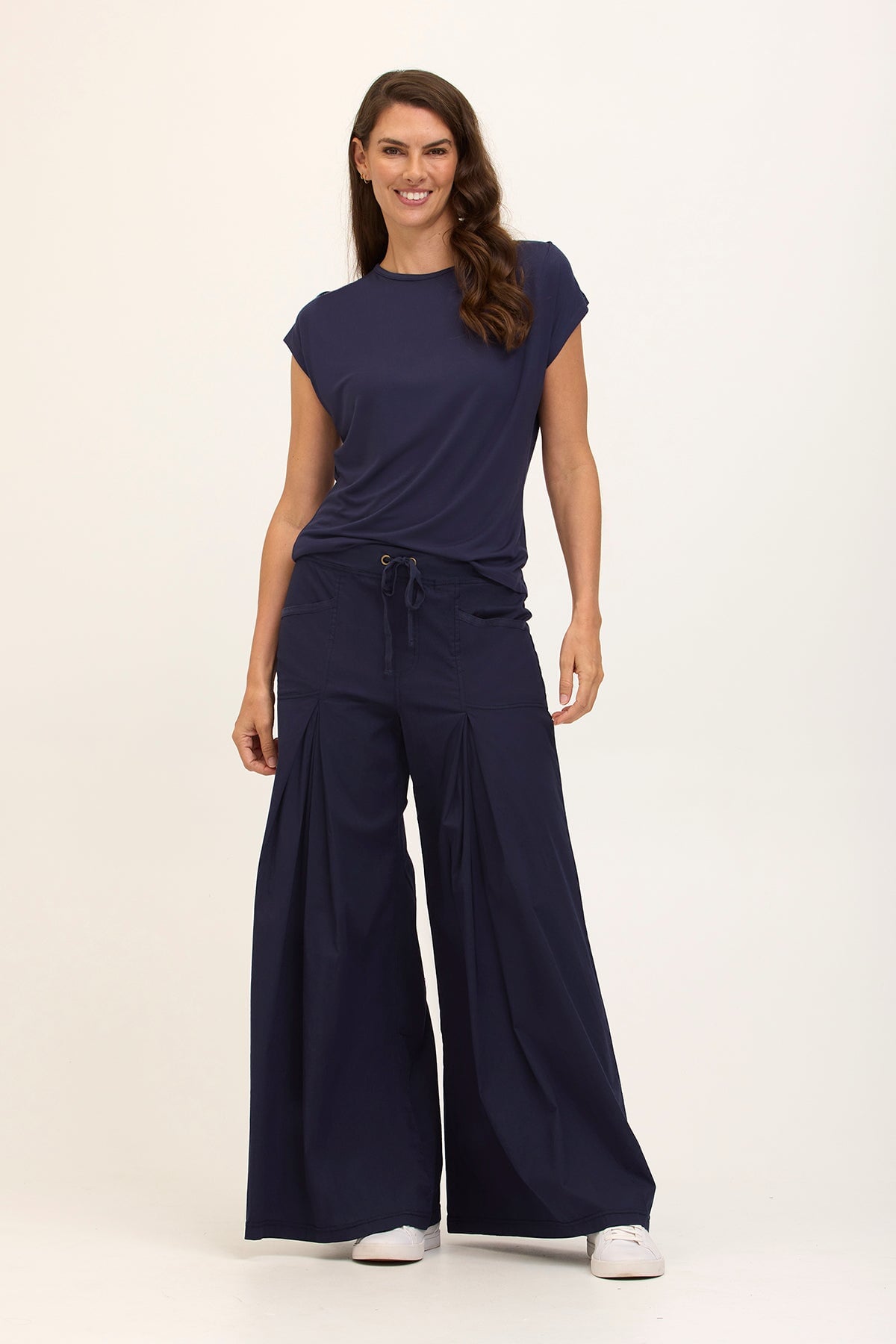 Wearables Core Zorba Stretch Poplin Box-Pleat Wide-Leg Pant Navy - XCVI