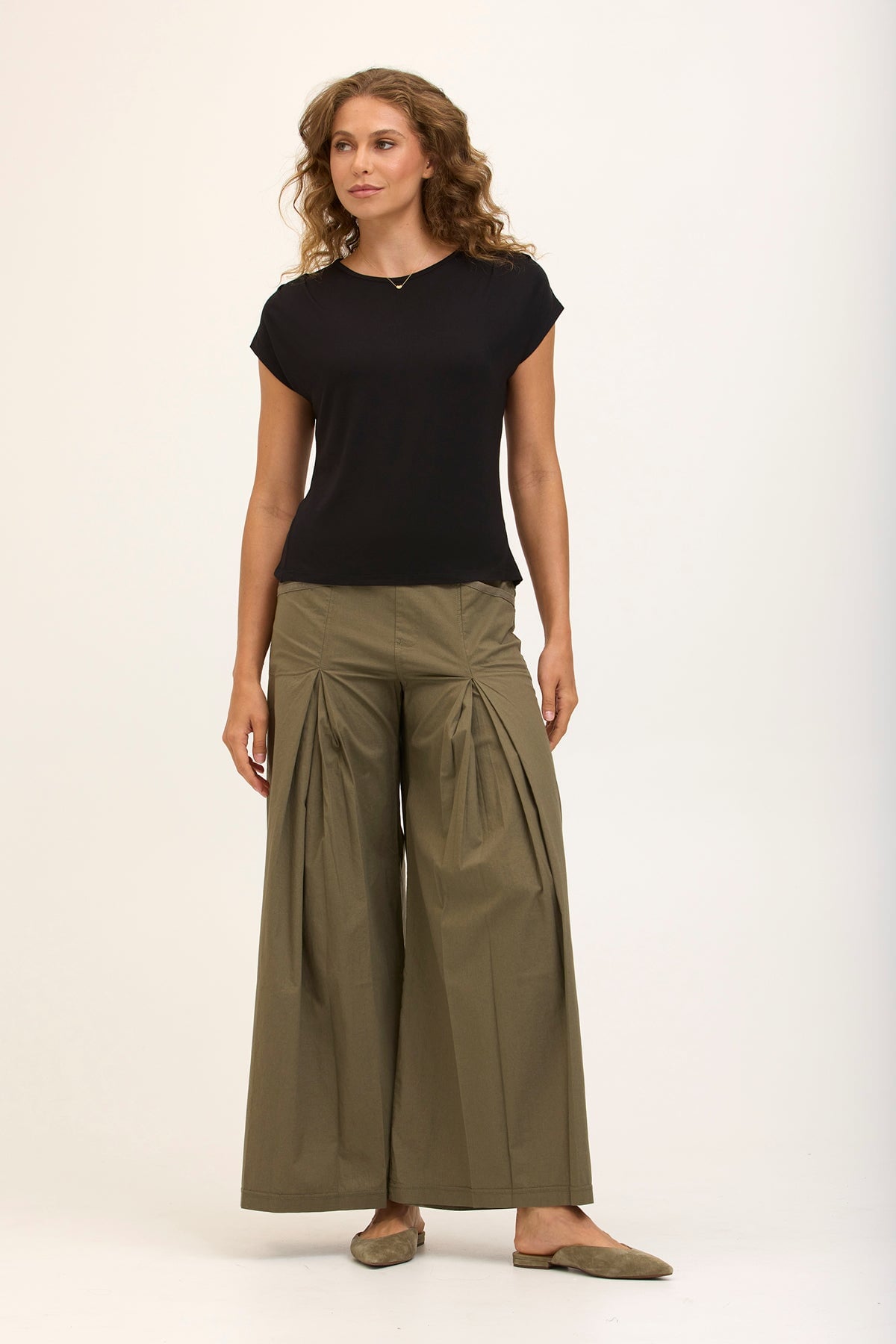 Wearables Core Zorba Stretch Poplin Box-Pleat Wide-Leg Pant Hillside - XCVI