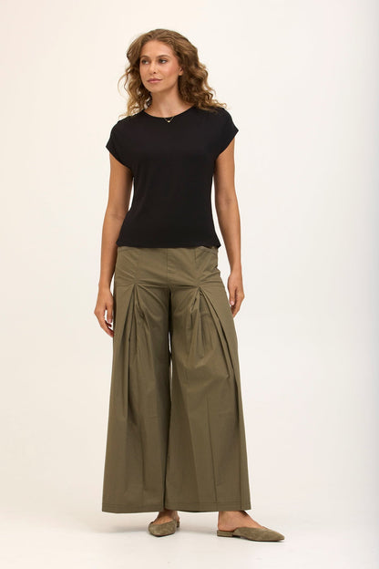 Wearables Core Zorba Stretch Poplin Box-Pleat Wide-Leg Pant Hillside - XCVI