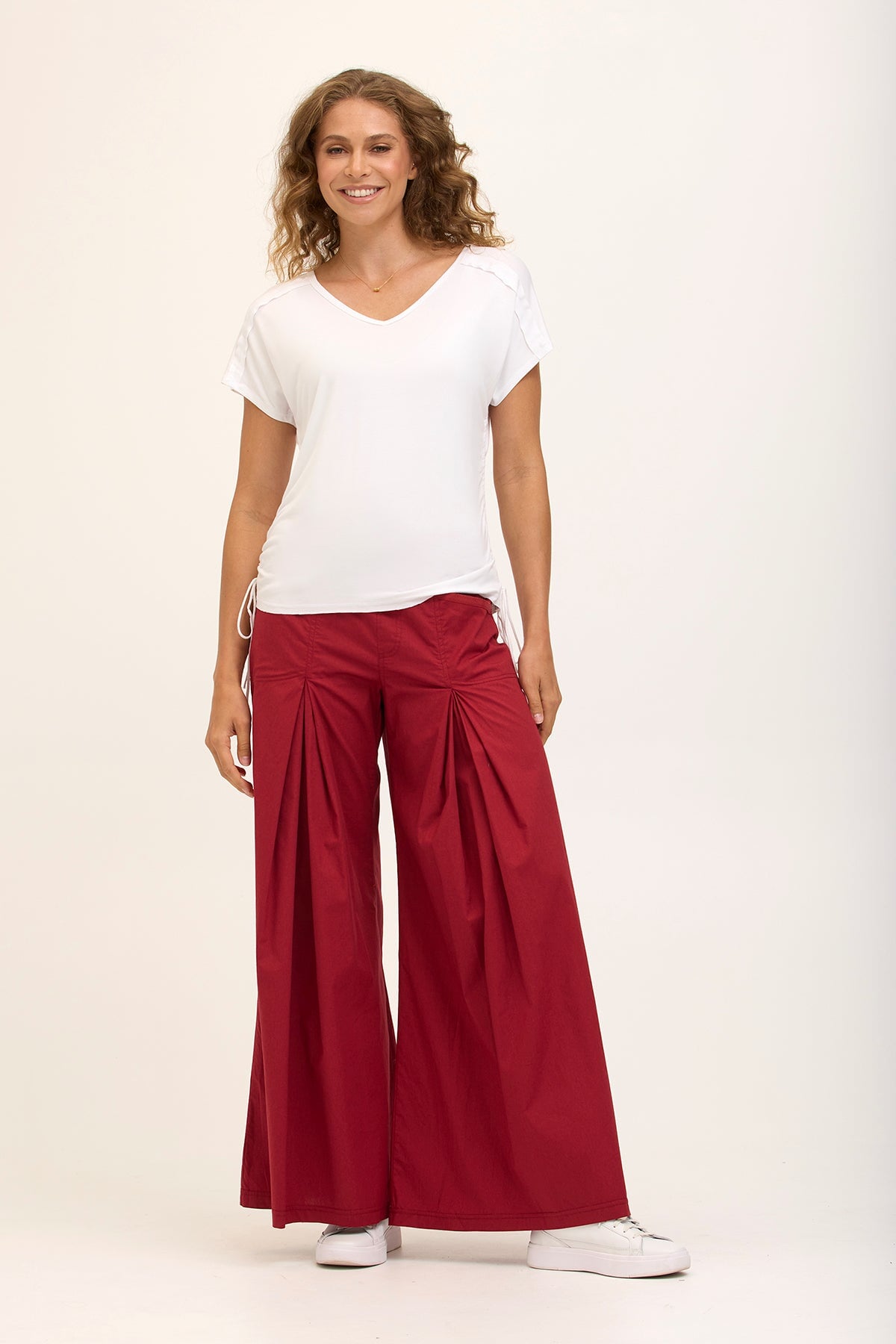 Wearables Core Zorba Stretch Poplin Box-Pleat Wide-Leg Pant Crimson - XCVI