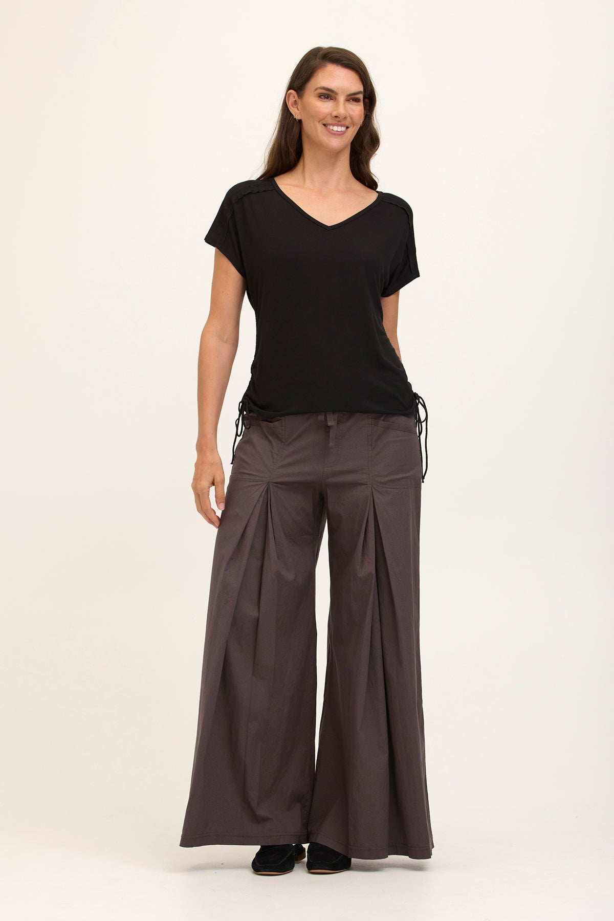 Wearables Core Zorba Stretch Poplin Box-Pleat Wide-Leg Pant Charcoal - XCVI