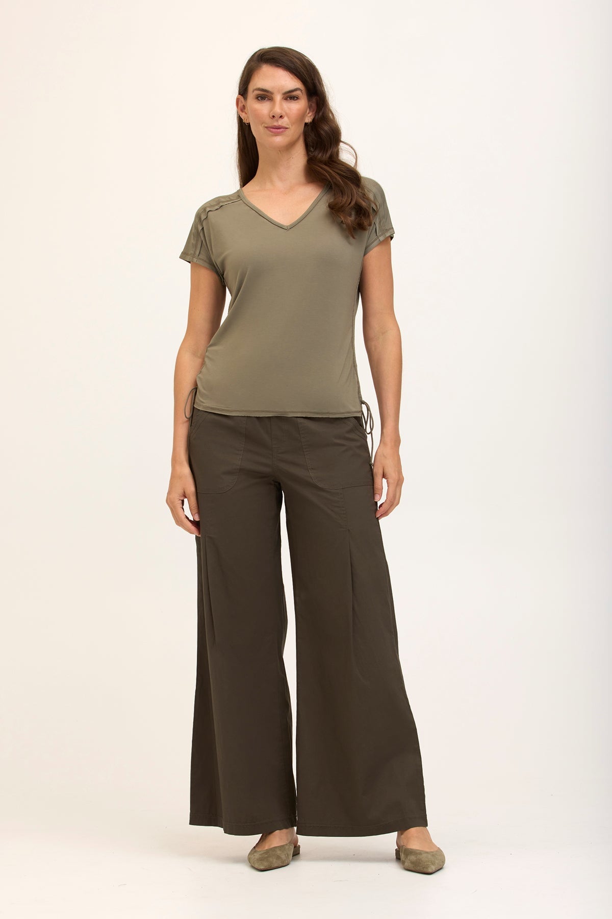 Wearables Core Dacia Stretch Poplin Wide Leg Pull-On Pant Olive - XCVI