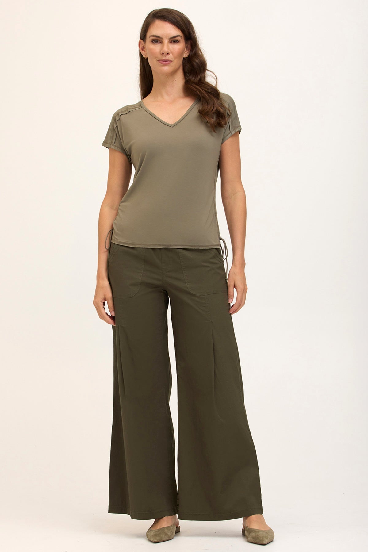 Wearables Core Dacia Stretch Poplin Wide Leg Pull-On Pant Olive - XCVI
