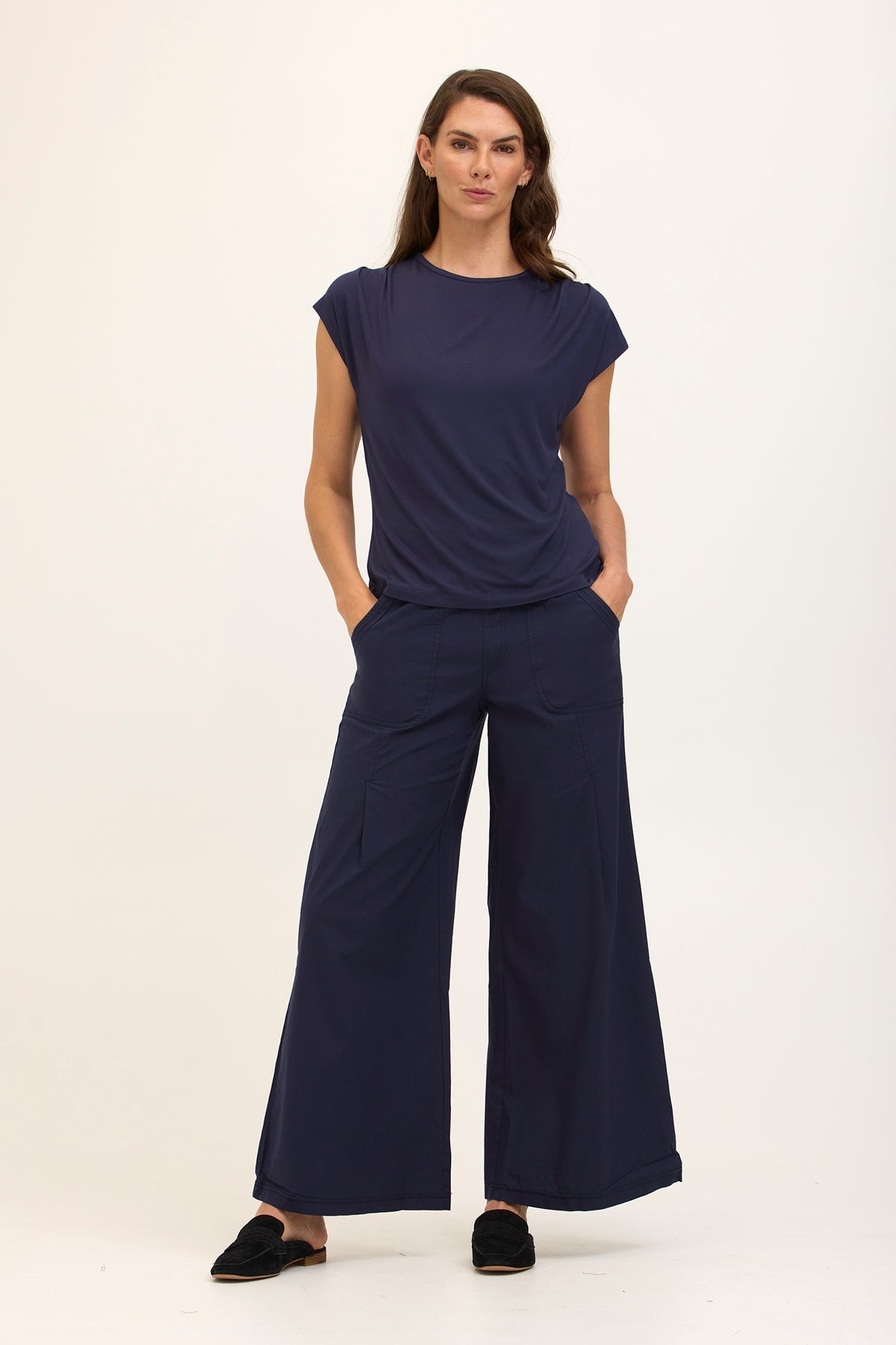Wearables Core Dacia Stretch Poplin Wide Leg Pull-On Pant Navy - XCVI