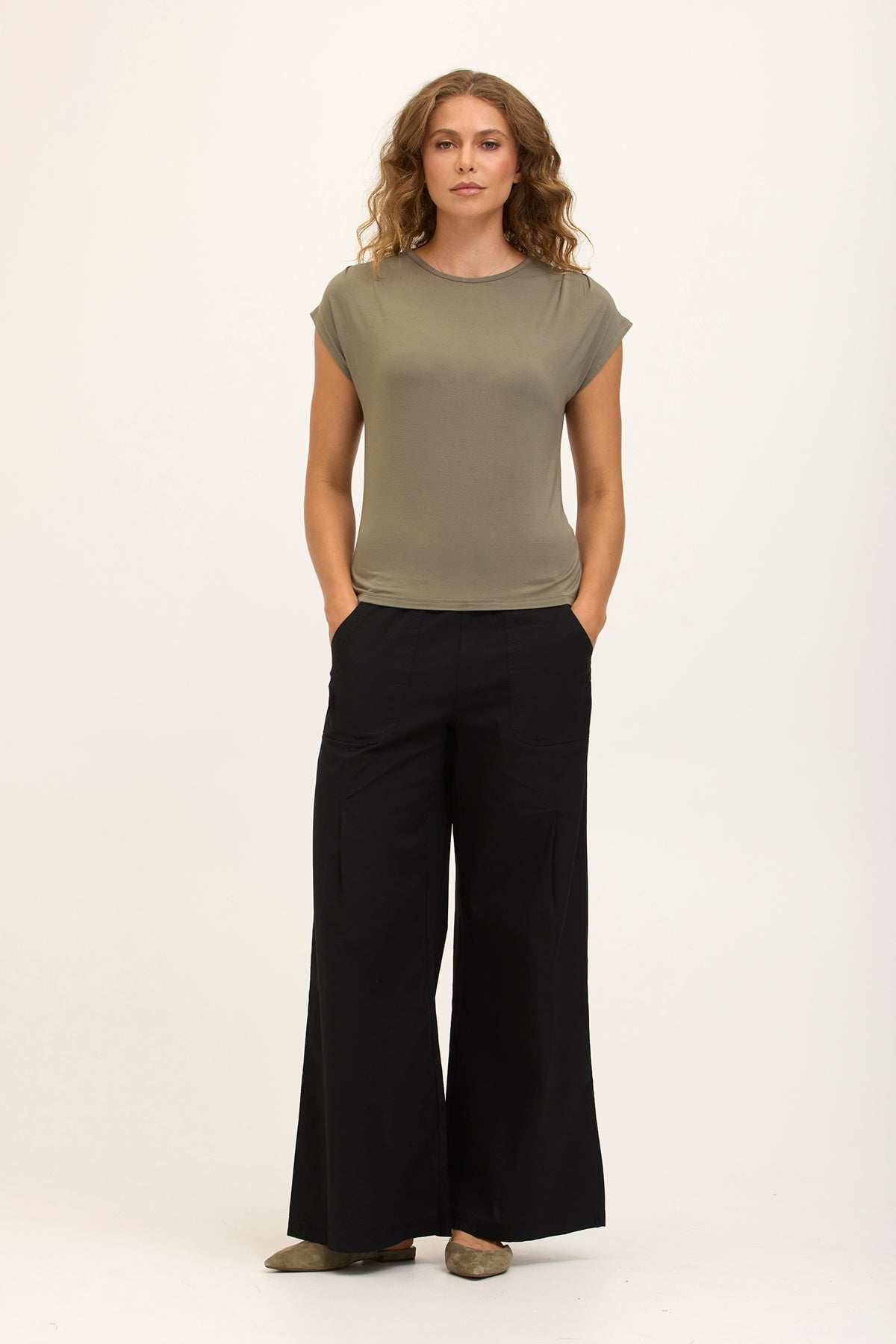 Wearables Core Dacia Stretch Poplin Wide Leg Pull-On Pant Black - XCVI