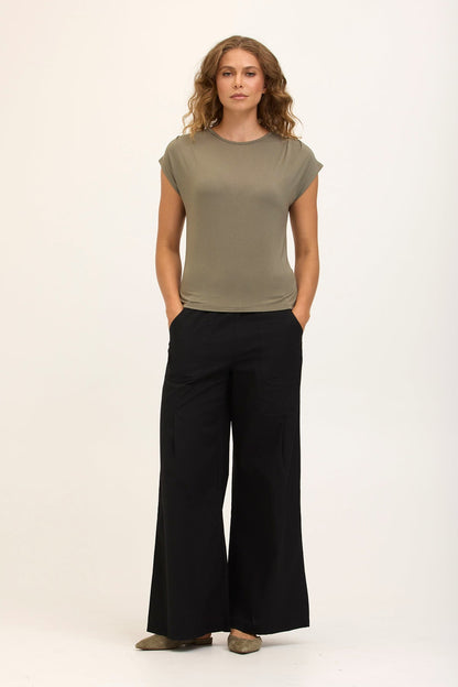 Wearables Core Dacia Stretch Poplin Wide Leg Pull-On Pant Black - XCVI