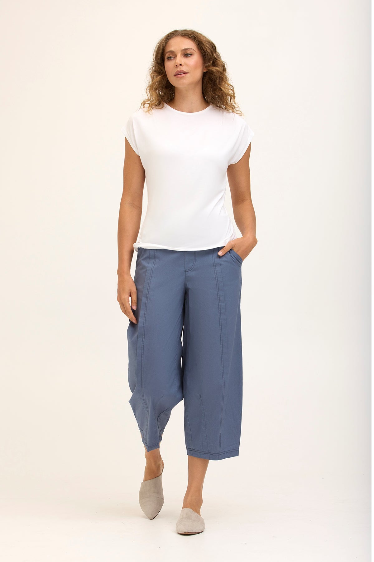 Benson Stretch Poplin Pull-On Waist Barrel Crop Pant Tidal - XCVI