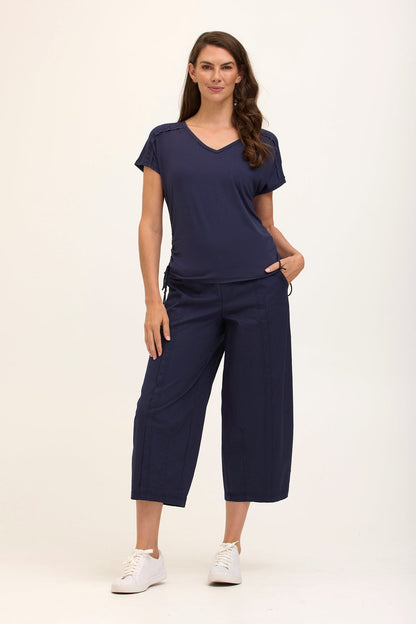 Benson Stretch Poplin Pull-On Waist Barrel Crop Pant Navy - XCVI