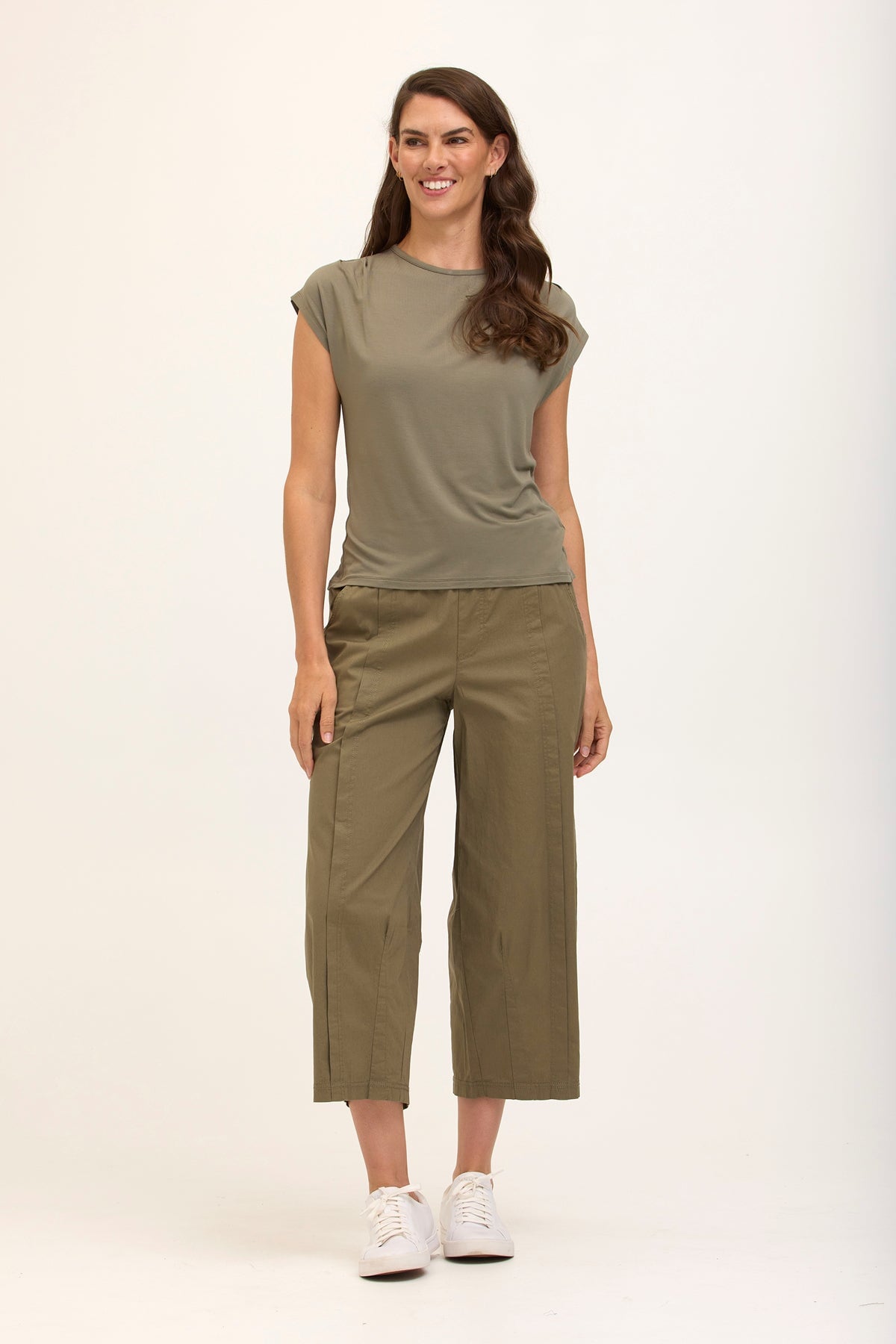 Benson Stretch Poplin Pull-On Waist Barrel Crop Pant Hillside - XCVI