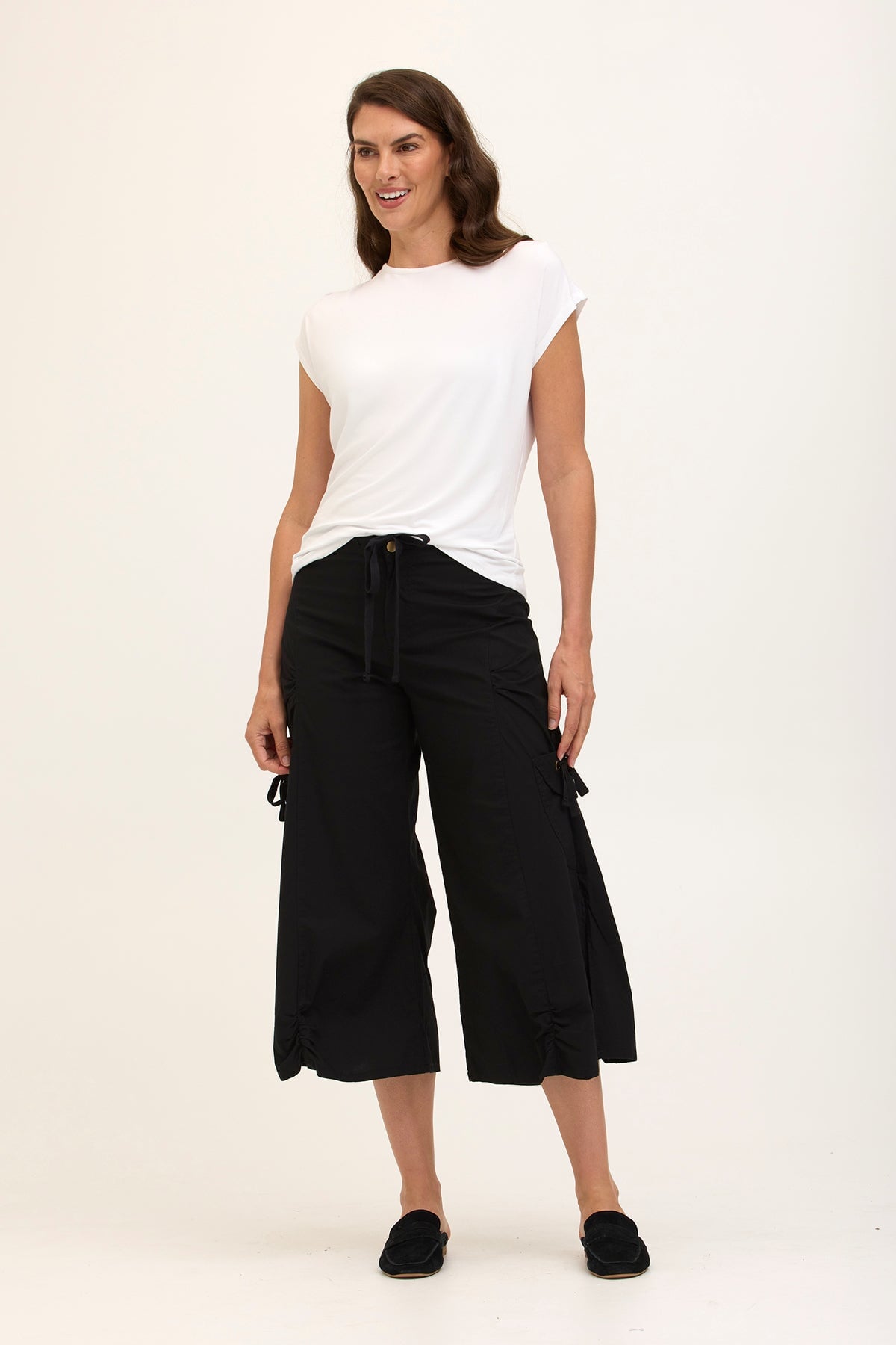 Wearables Split Wide-Leg Cargo Crop Pant in Stretch Poplin with button zip fly in Black Black - XCVI