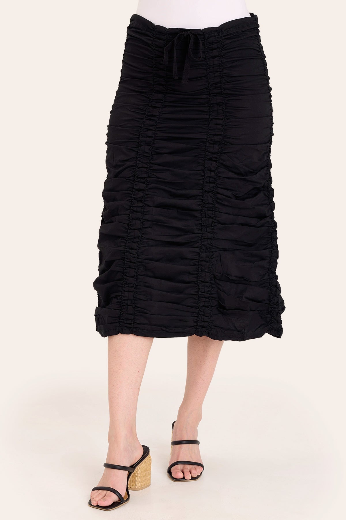 Core by Shirred Drawstring Midi Skirt in Stretch Poplin in Black  - XCVI