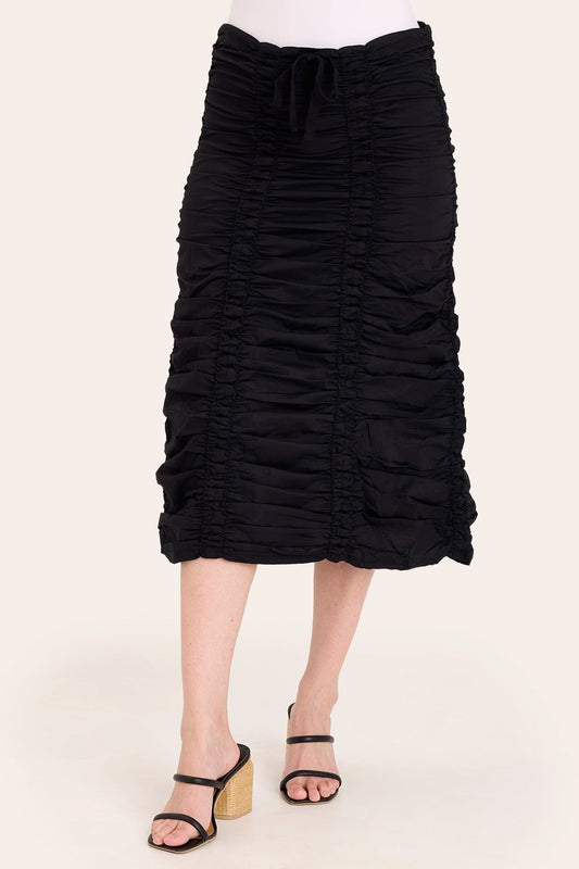 Core by Shirred Drawstring Midi Skirt in Stretch Poplin in Black  - XCVI