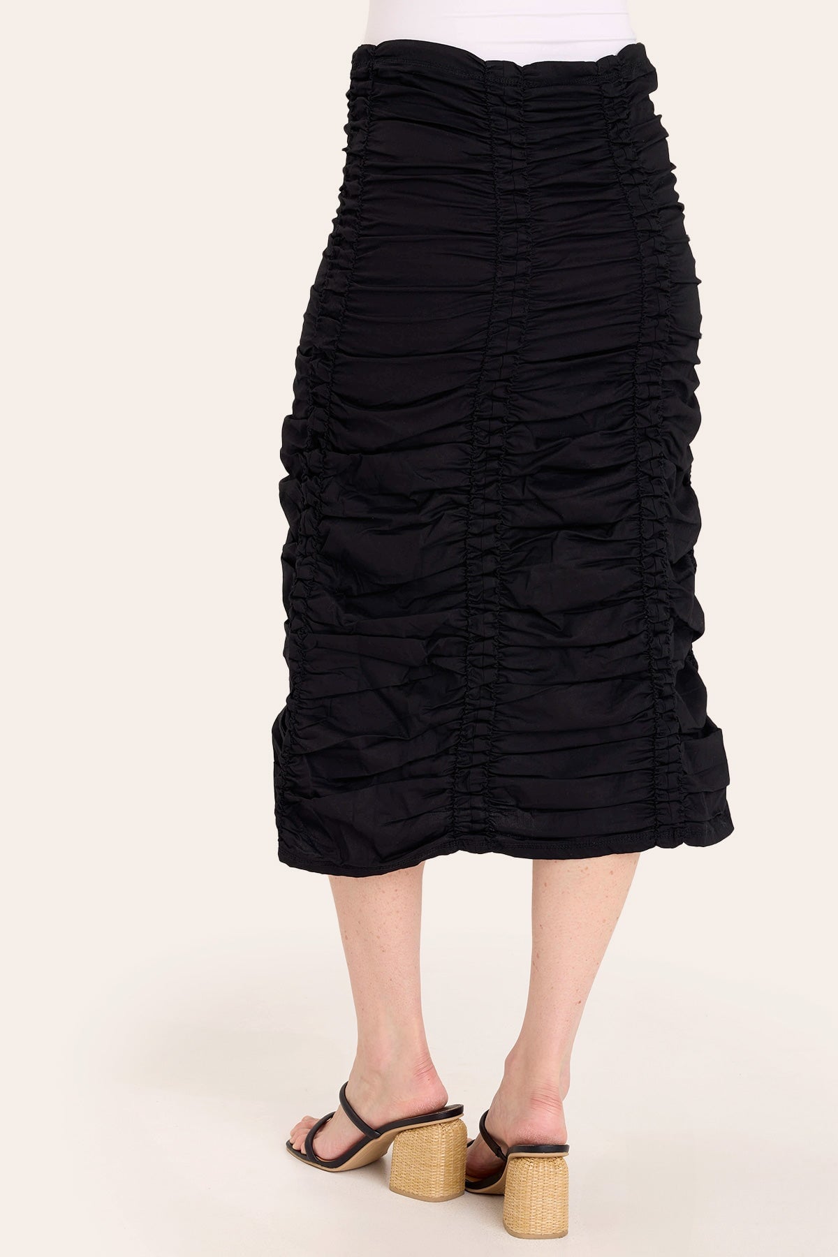 Core by Shirred Drawstring Midi Skirt in Stretch Poplin in Black  - XCVI